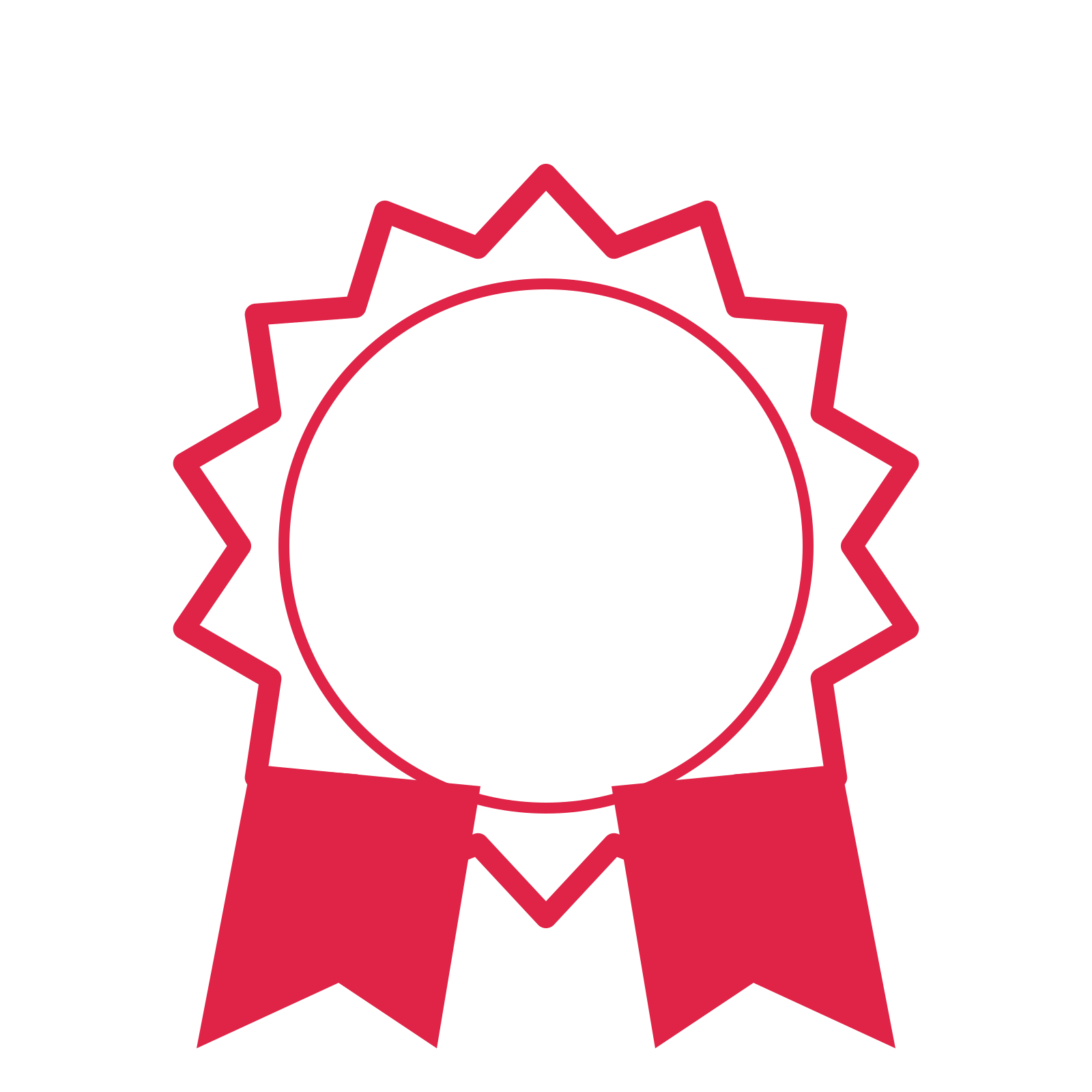 An open 14-point badge with classic scallops, with a split ribbon.