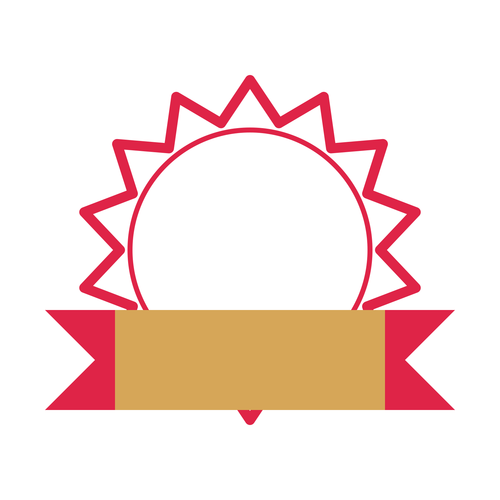 An open 14-point badge with pronounced scallops, with a folded ribbon.