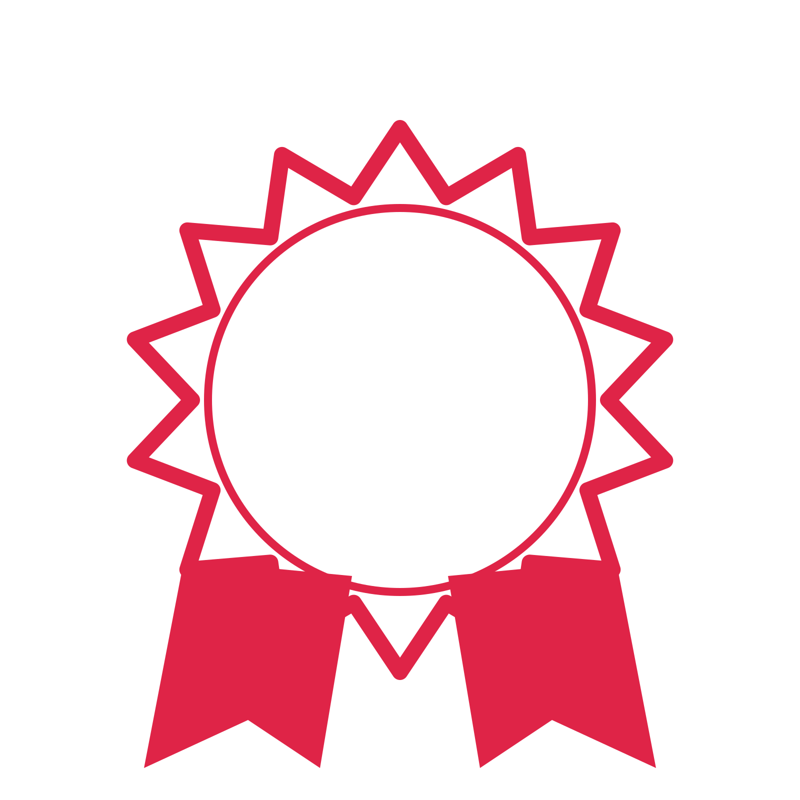 An open 14-point badge with pronounced scallops, with a split ribbon.