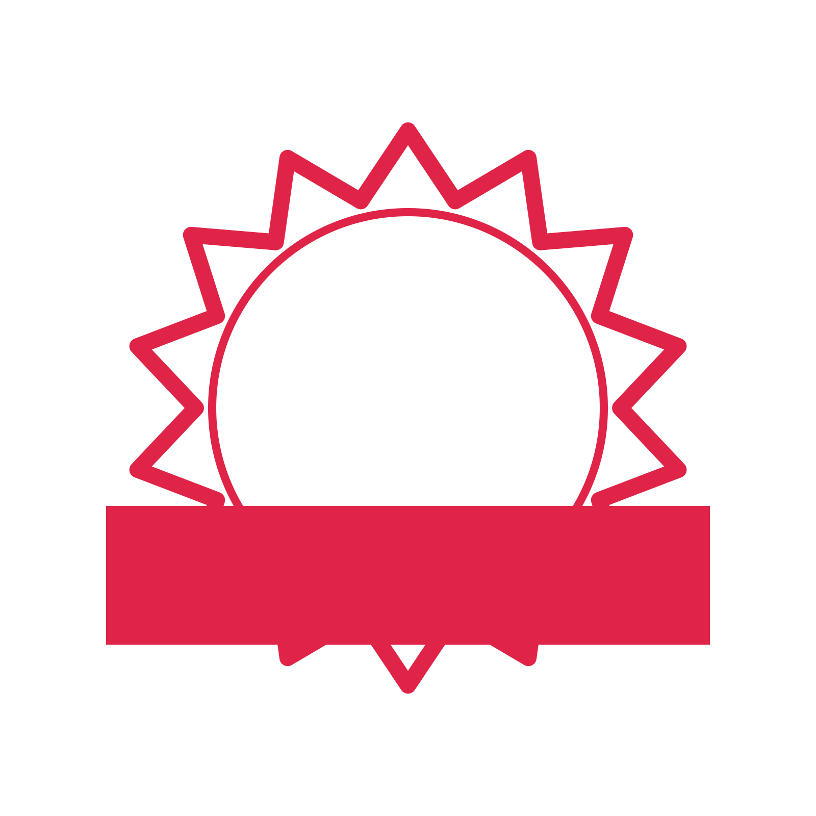 An open 14-point badge with pronounced scallops, with a straight ribbon.