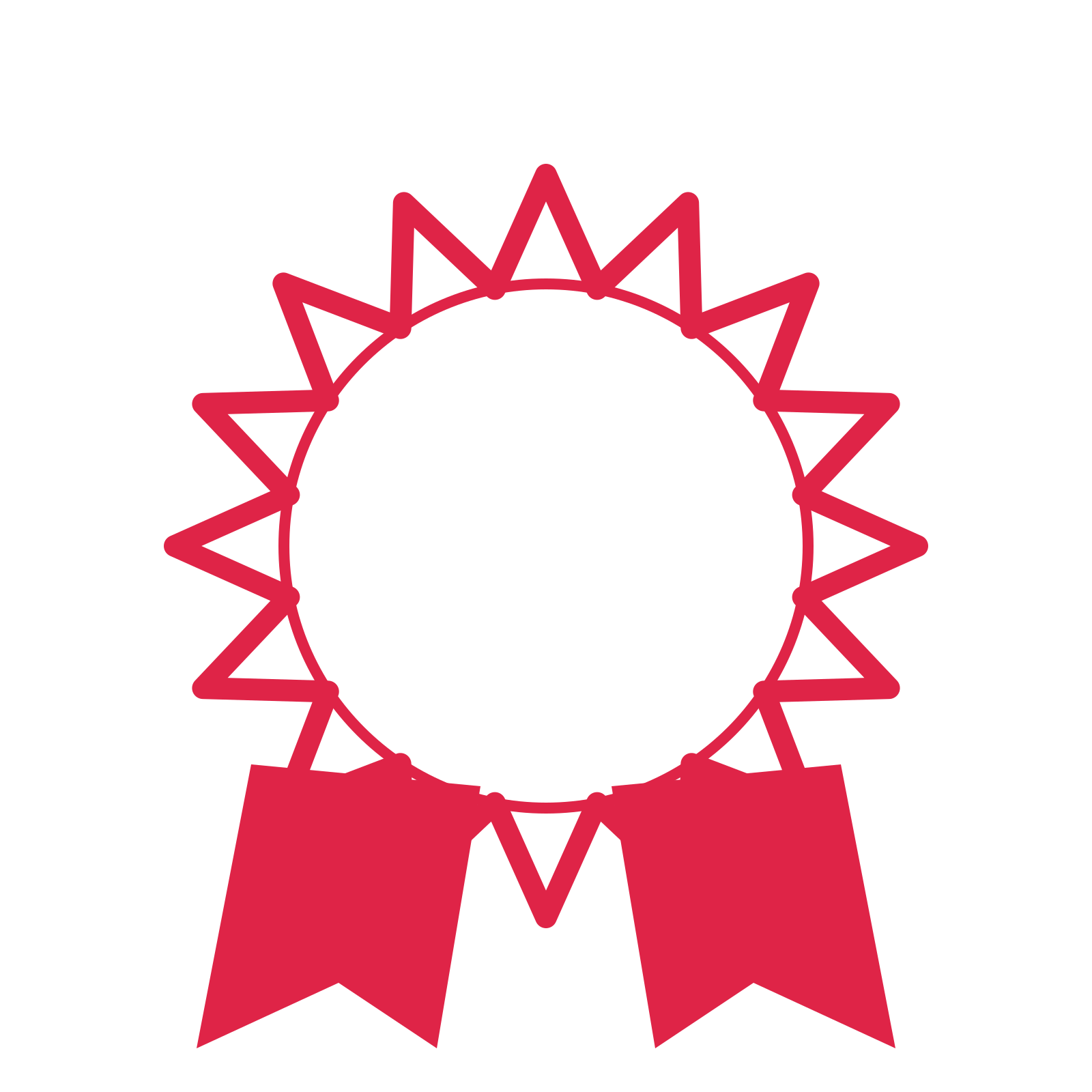 An open 16-point badge with deep scallops, with a split ribbon.