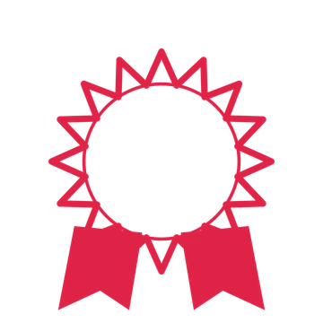 An open 16-point badge with deep scallops, with a split ribbon.