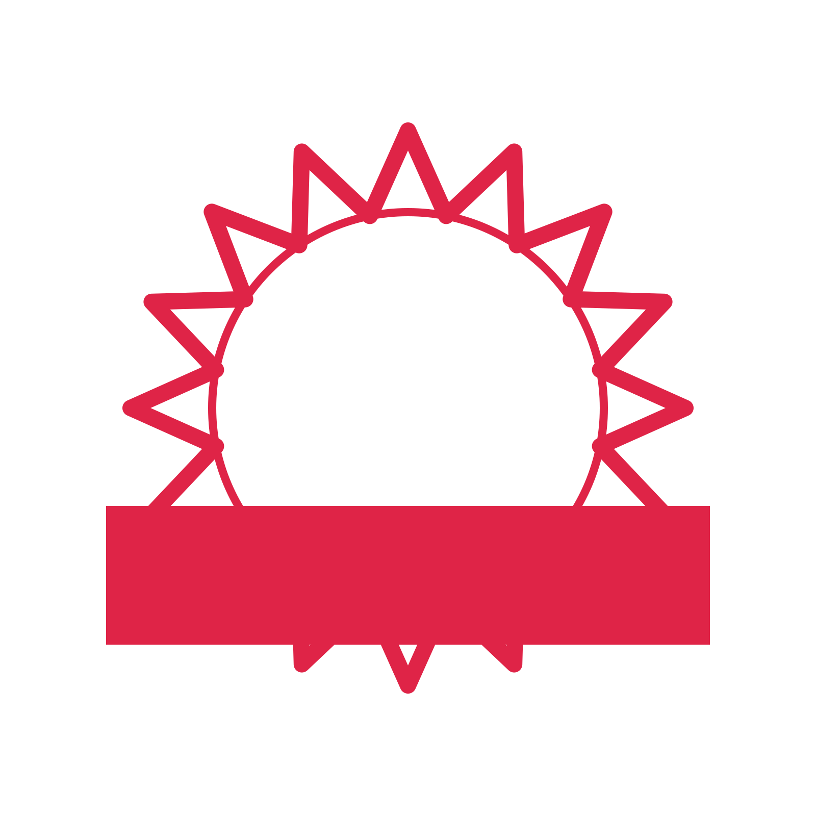 An open 16-point badge with deep scallops, with a straight ribbon.