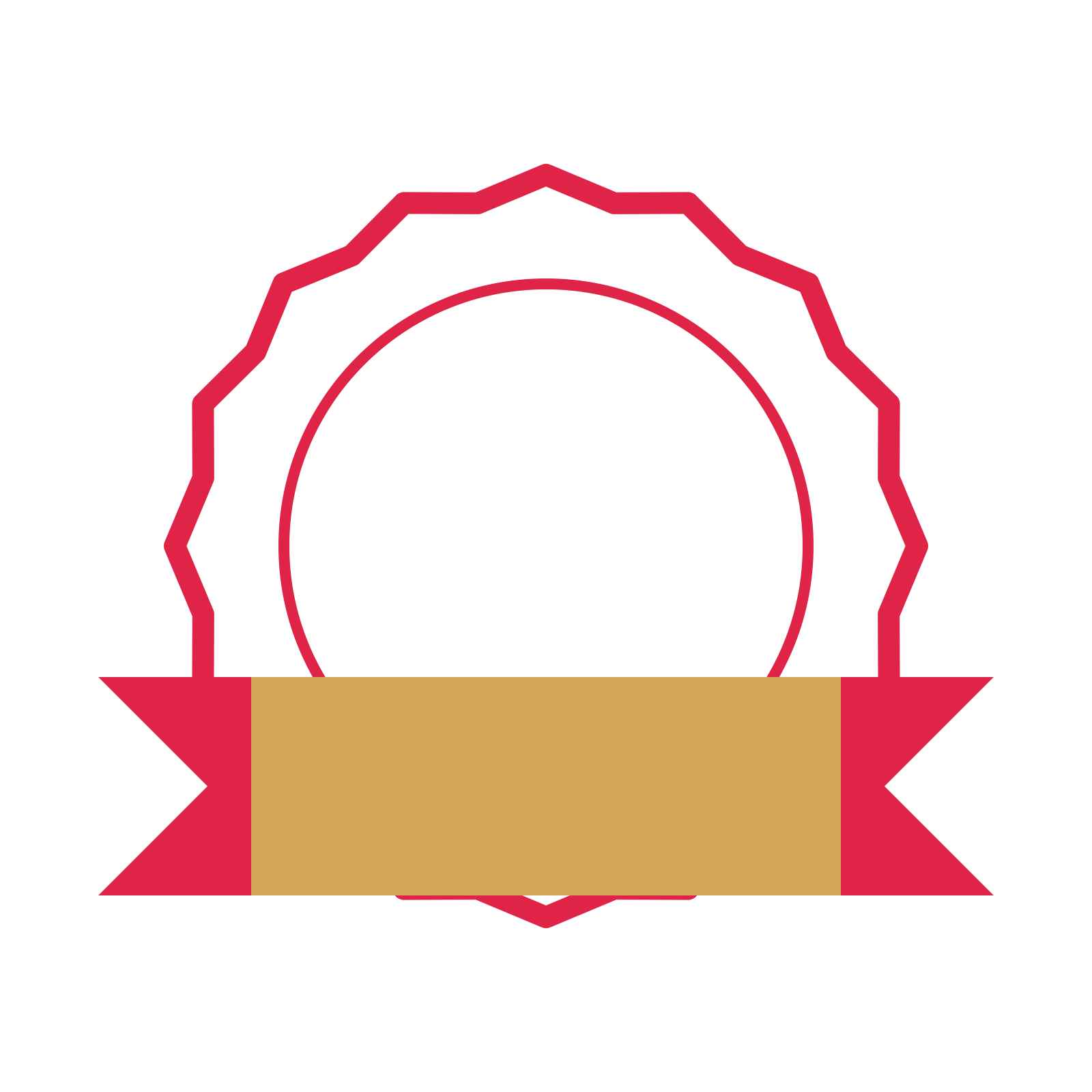 An open 16-point badge with shallow scallops, with a folded ribbon.