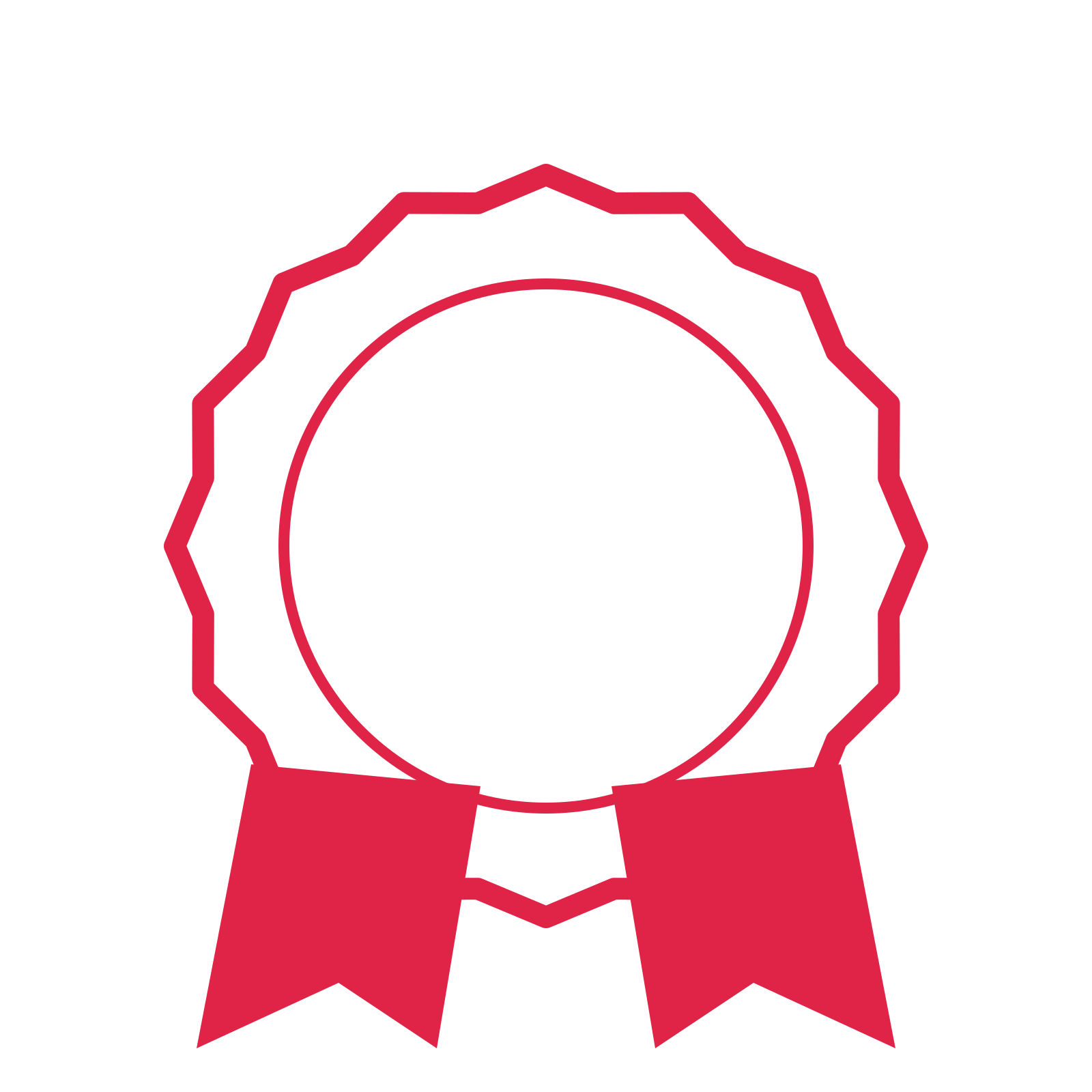 An open 16-point badge with shallow scallops, with a split ribbon.