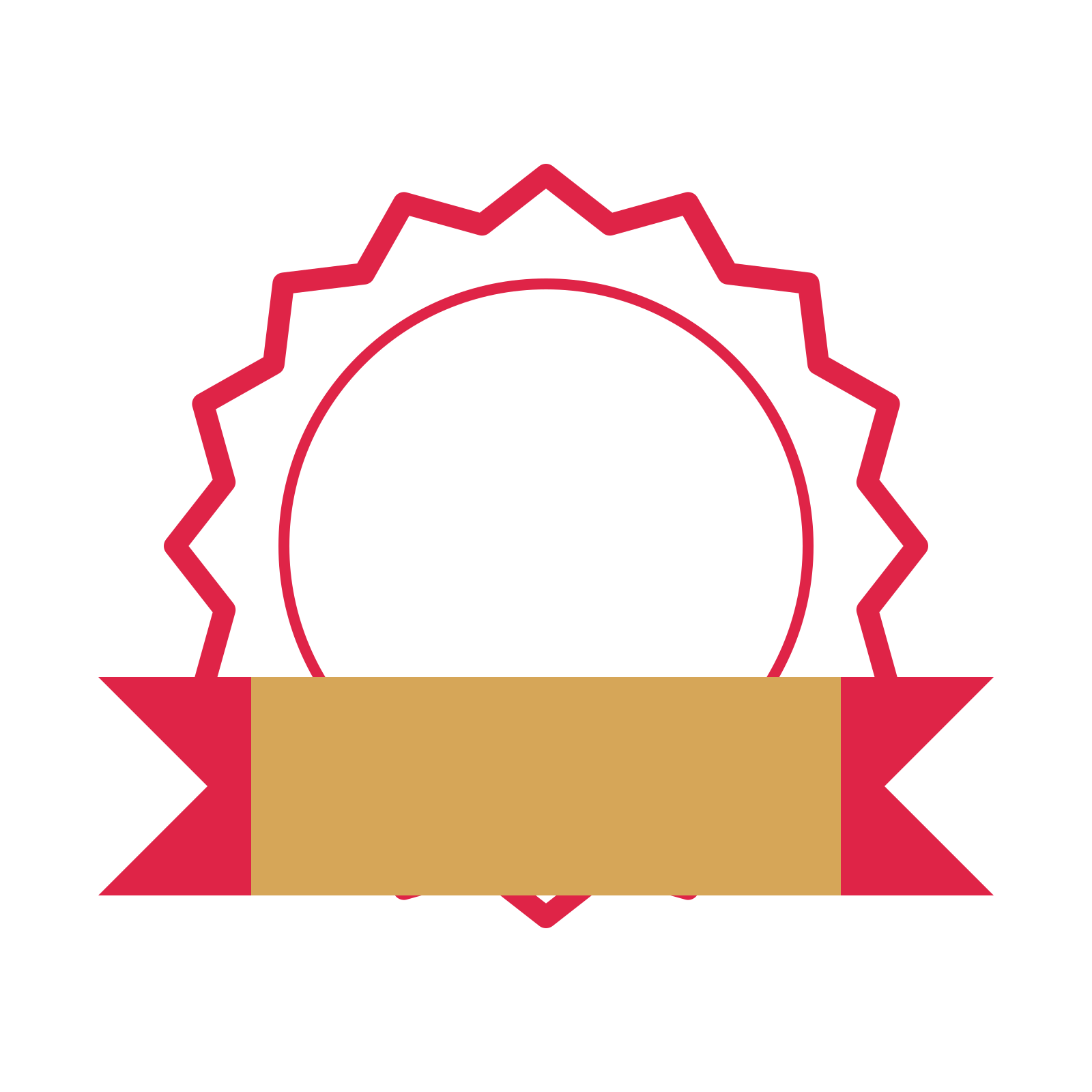 An open 16-point badge with soft scallops, with a folded ribbon.
