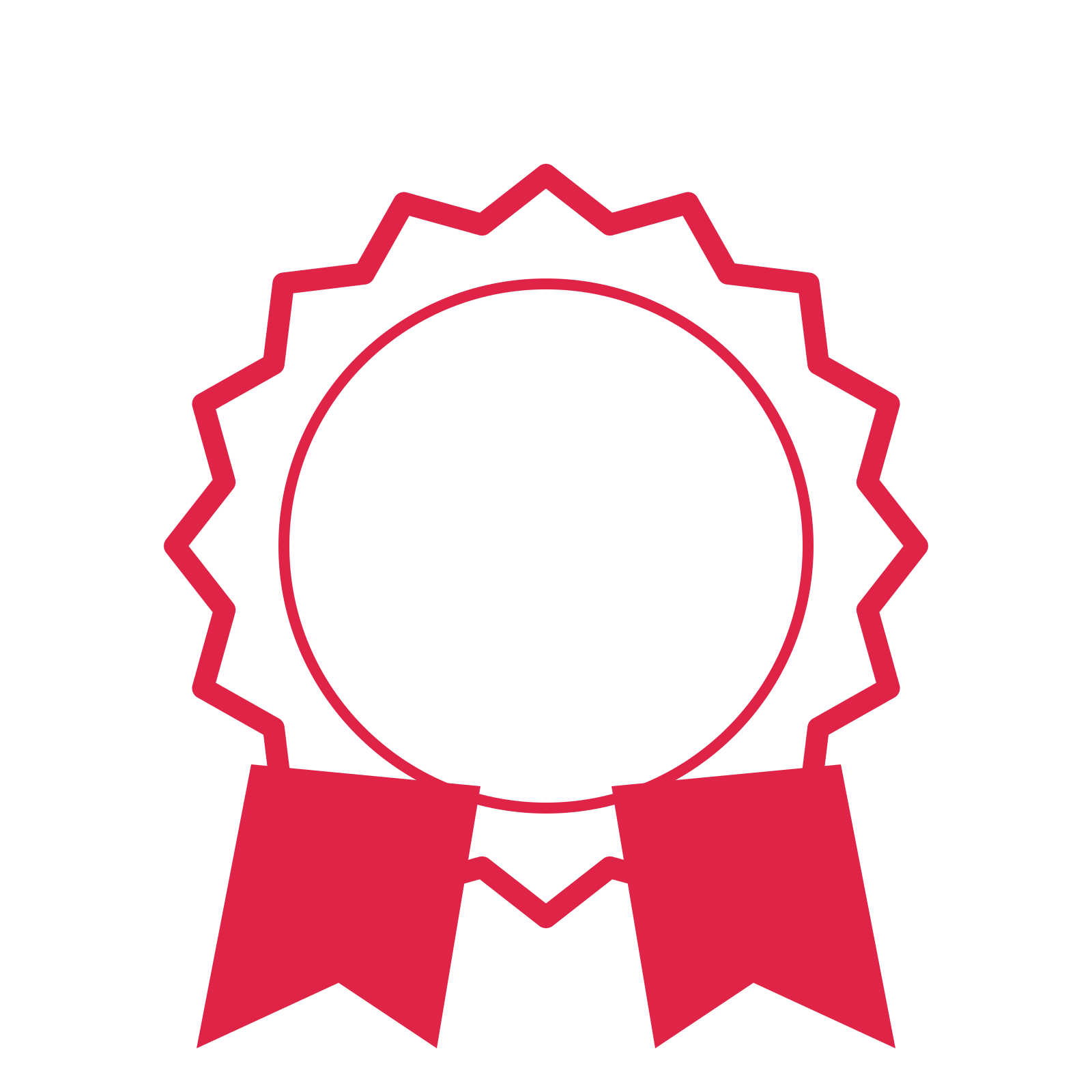 An open 16-point badge with soft scallops, with a split ribbon.