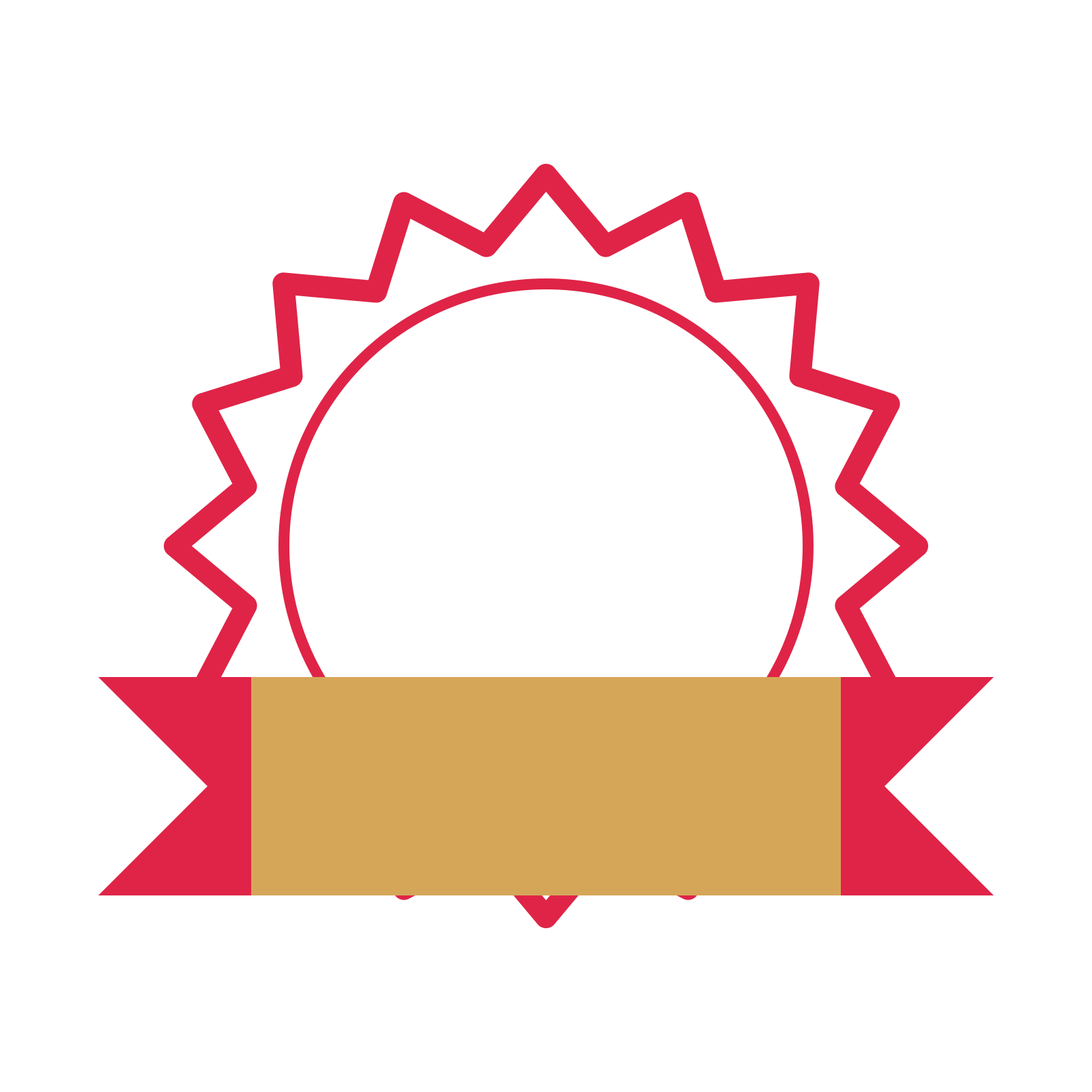 An open 16-point badge with classic scallops, with a folded ribbon.