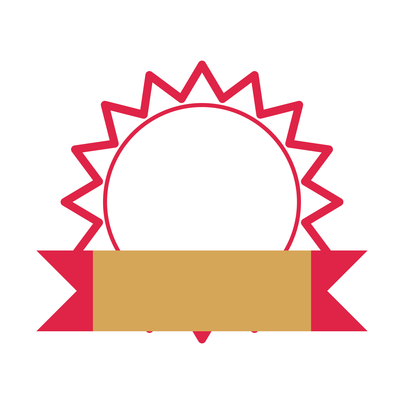 An open 16-point badge with pronounced scallops, with a folded ribbon.