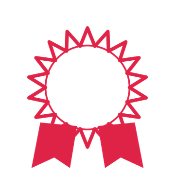 An open 18-point badge with deep scallops, with a split ribbon.
