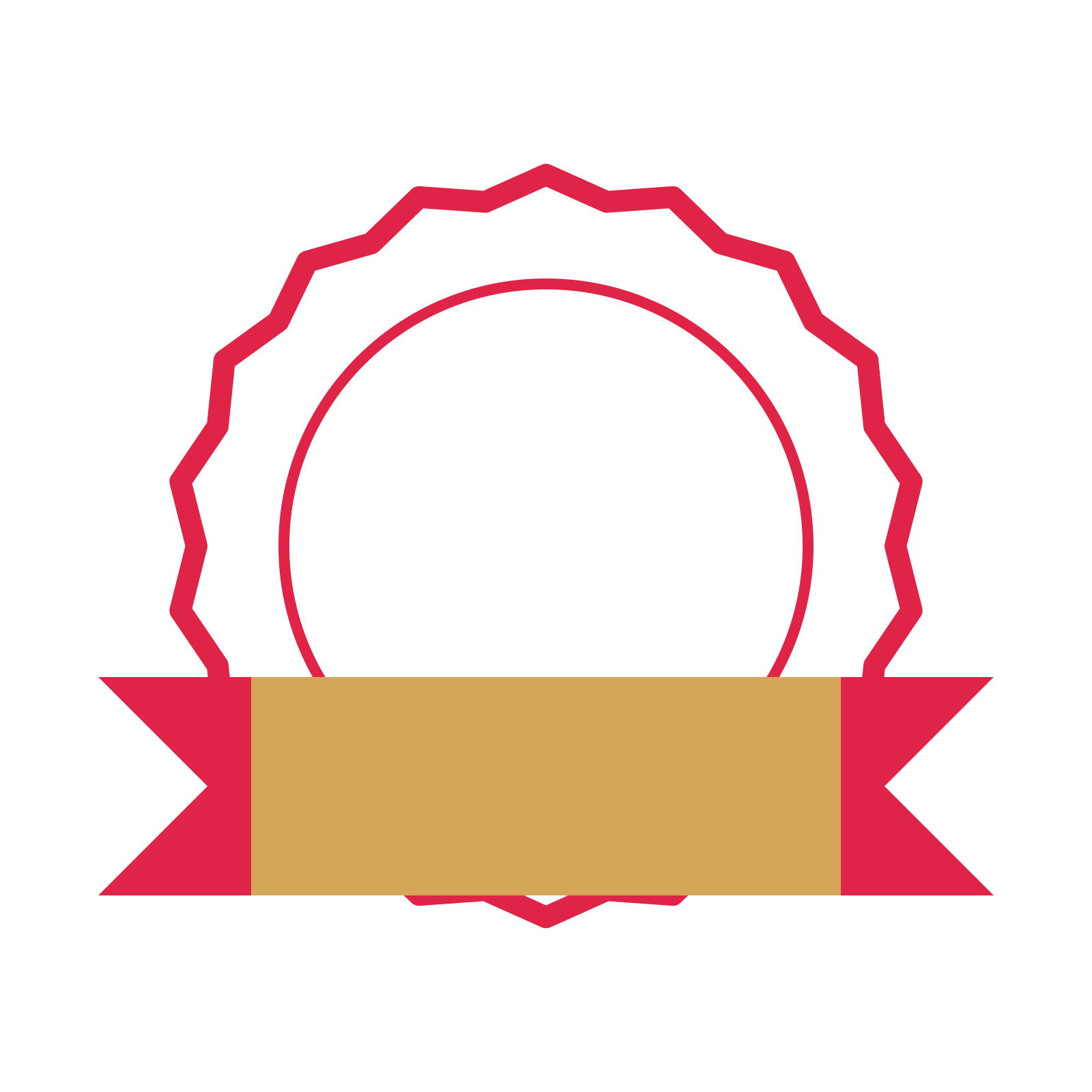An open 18-point badge with shallow scallops, with a folded ribbon.