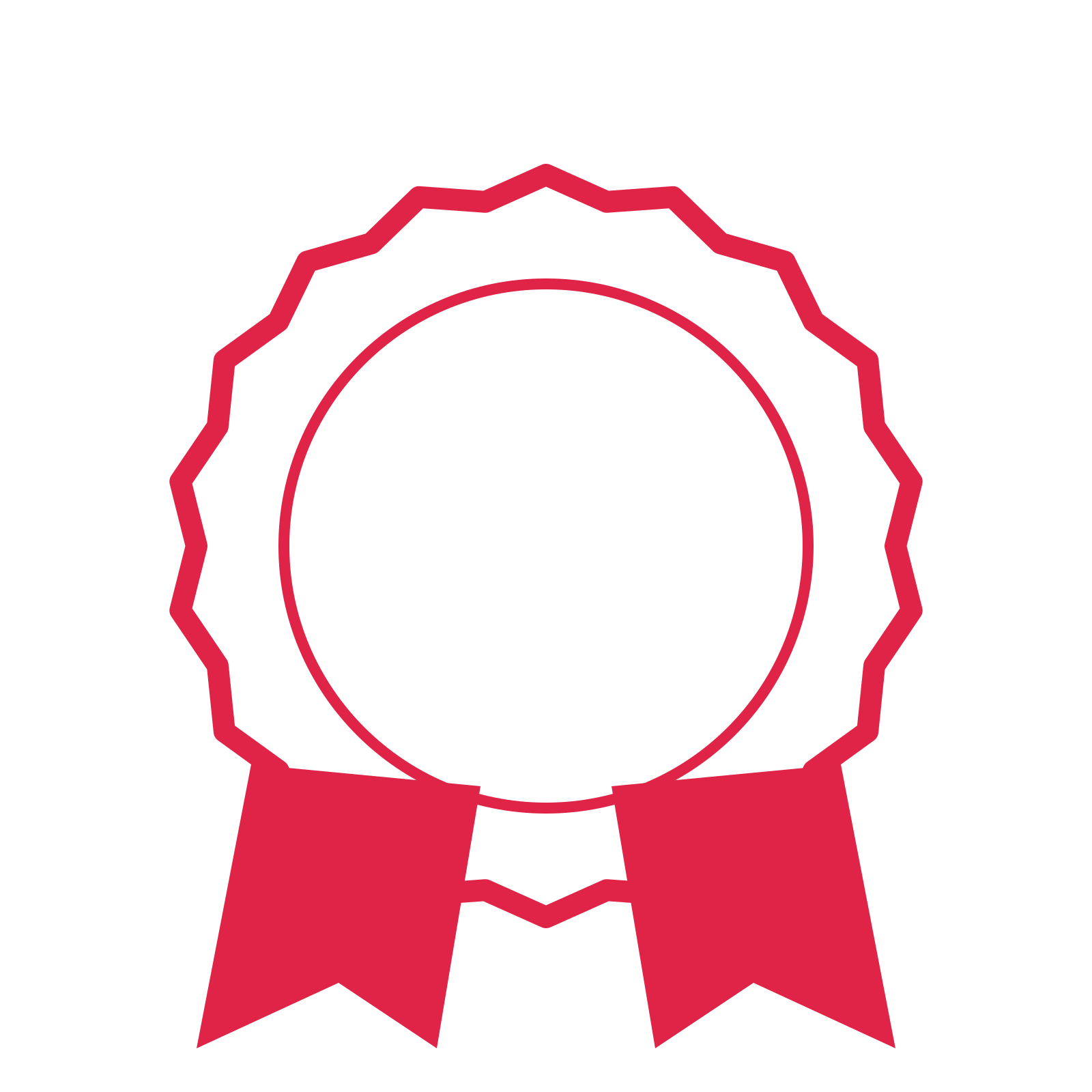 An open 18-point badge with shallow scallops, with a split ribbon.