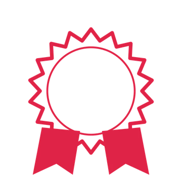 An open 18-point badge with classic scallops, with a split ribbon.