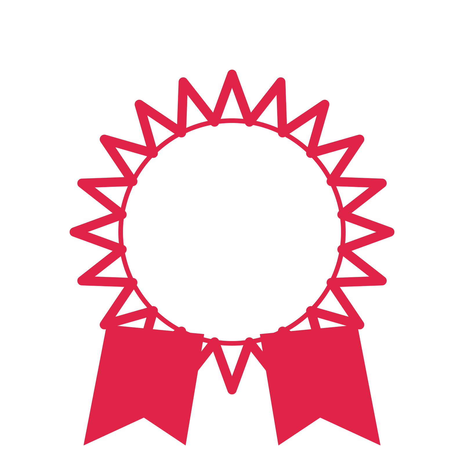 An open 20-point badge with deep scallops, with a split ribbon.