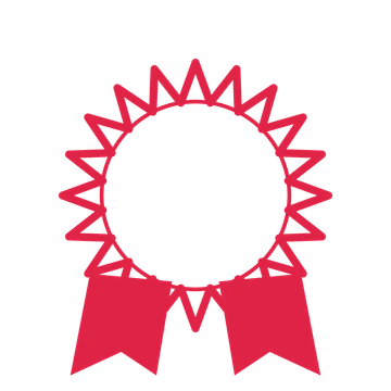 An open 20-point badge with deep scallops, with a split ribbon.