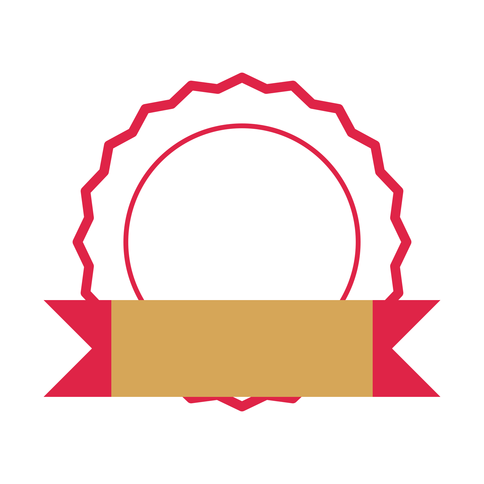 An open 20-point badge with shallow scallops, with a folded ribbon.