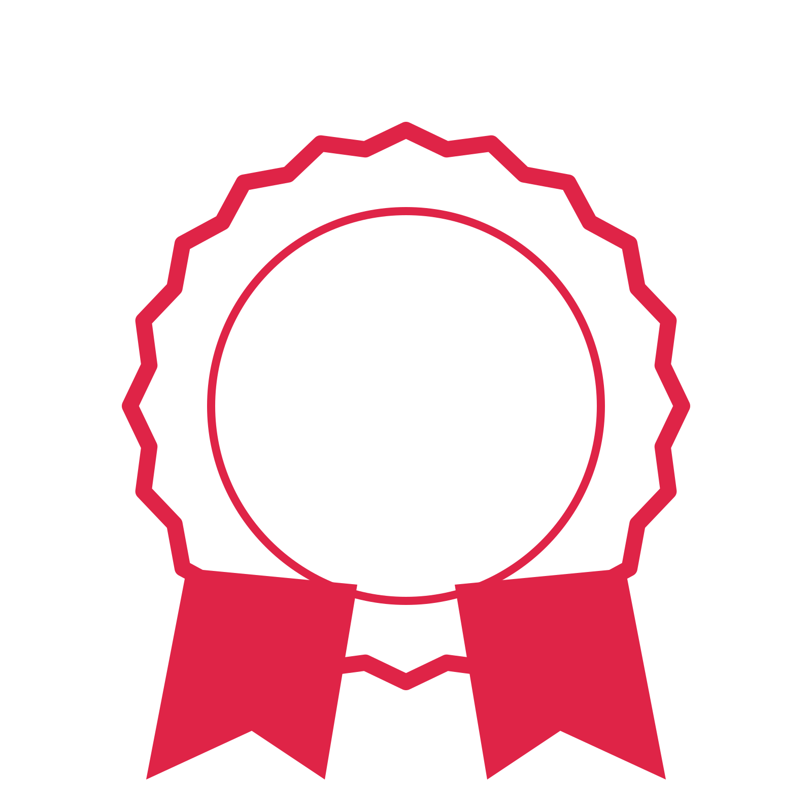 An open 20-point badge with shallow scallops, with a split ribbon.