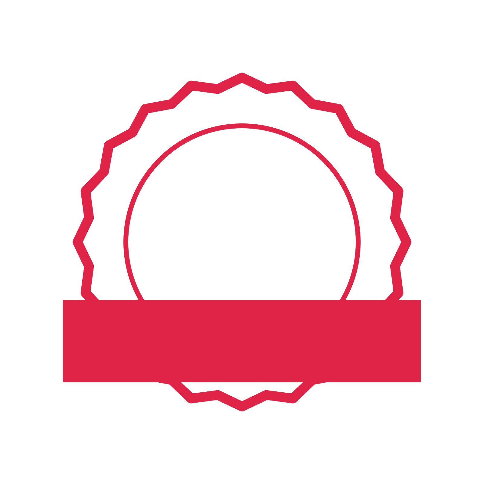 An open 20-point badge with shallow scallops, with a straight ribbon.