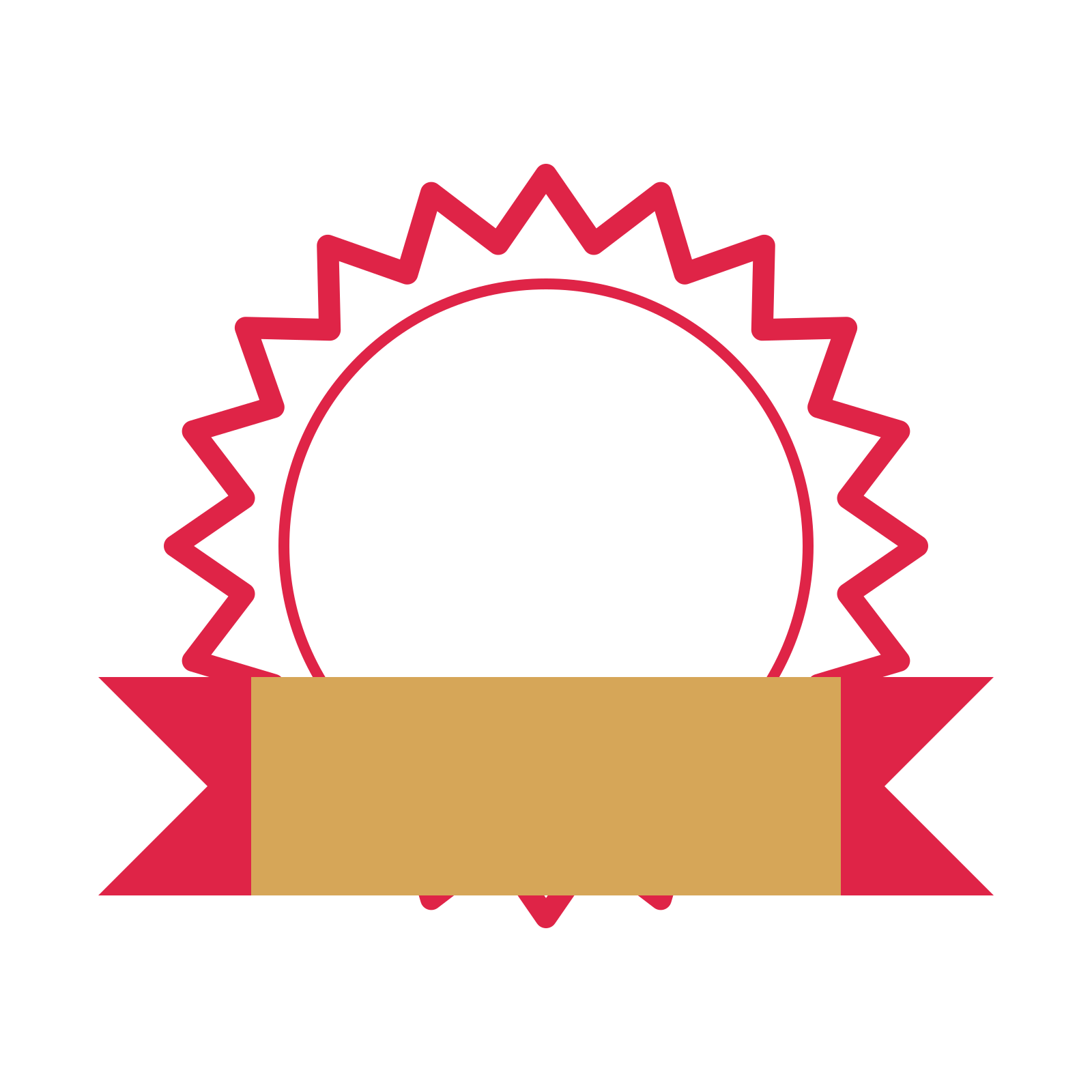 An open 20-point badge with classic scallops, with a folded ribbon.