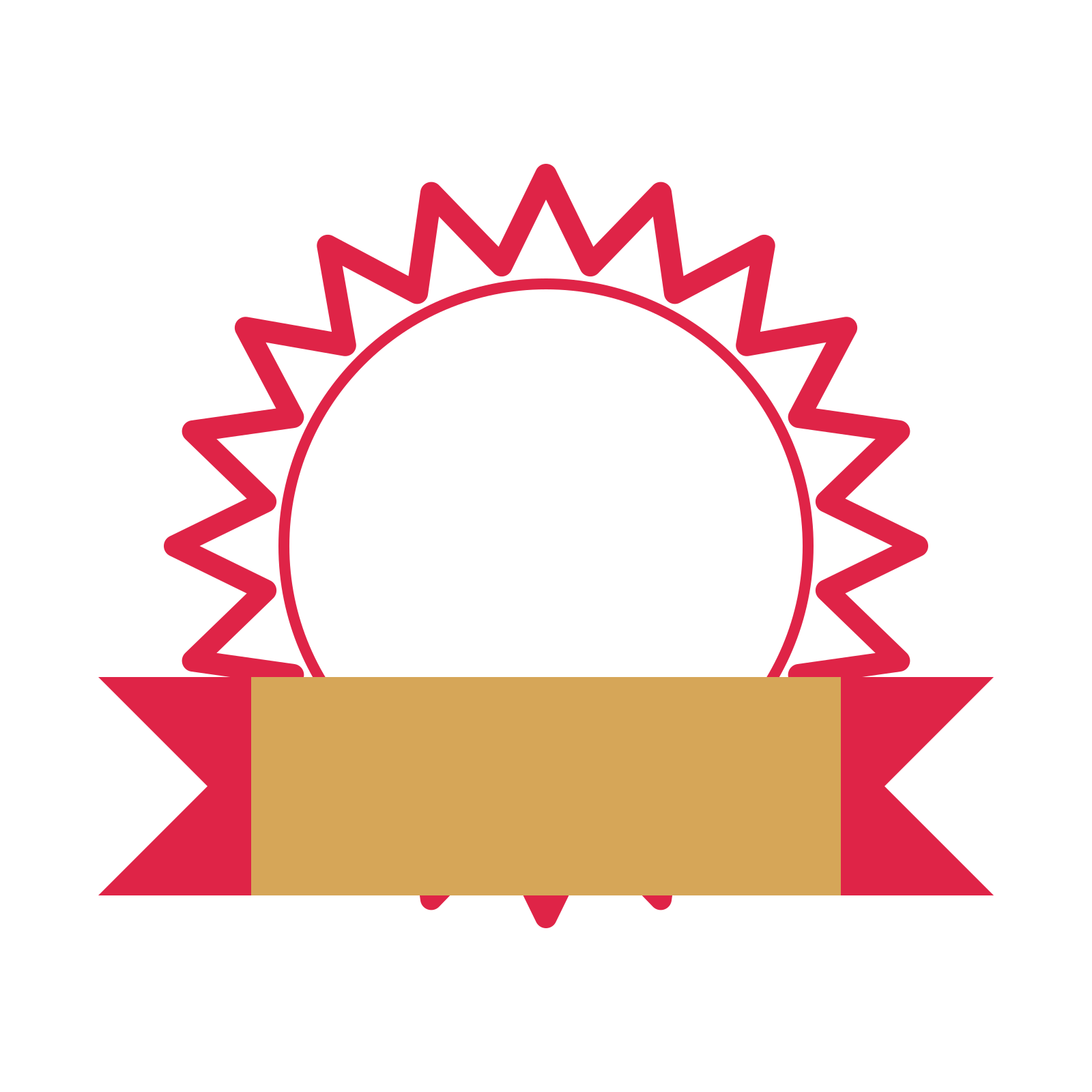 An open 20-point badge with pronounced scallops, with a folded ribbon.