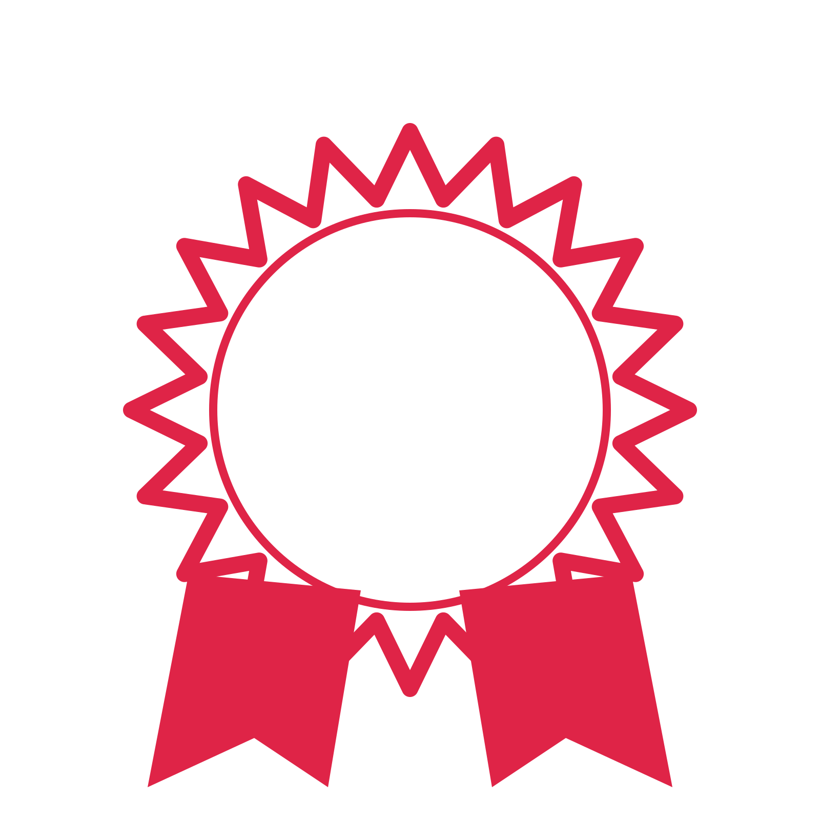 An open 20-point badge with pronounced scallops, with a split ribbon.