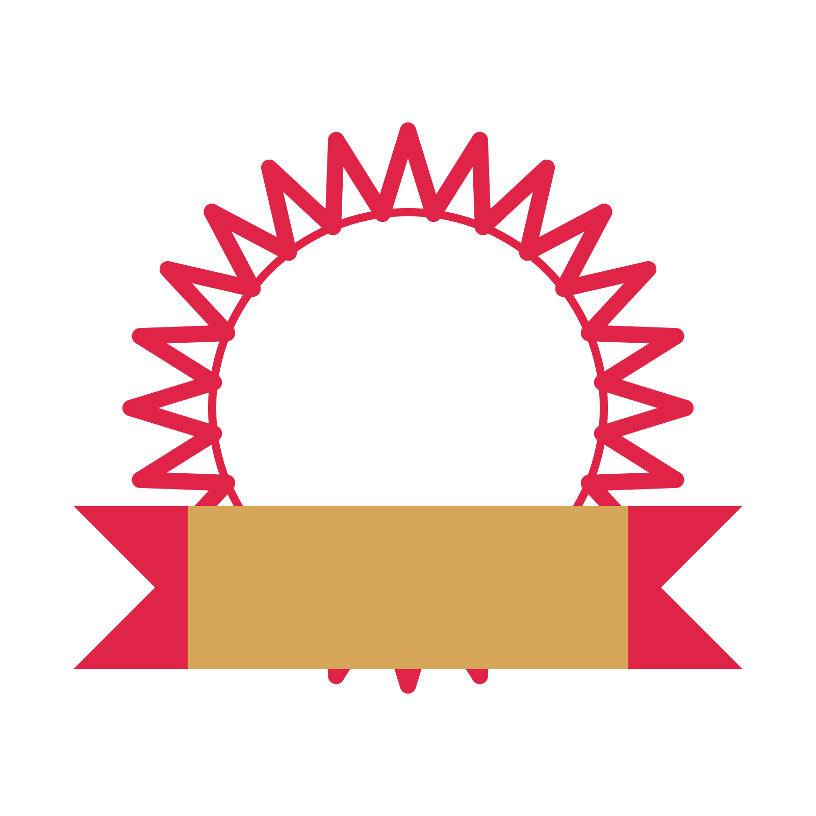 An open 24-point badge with deep scallops, with a folded ribbon.