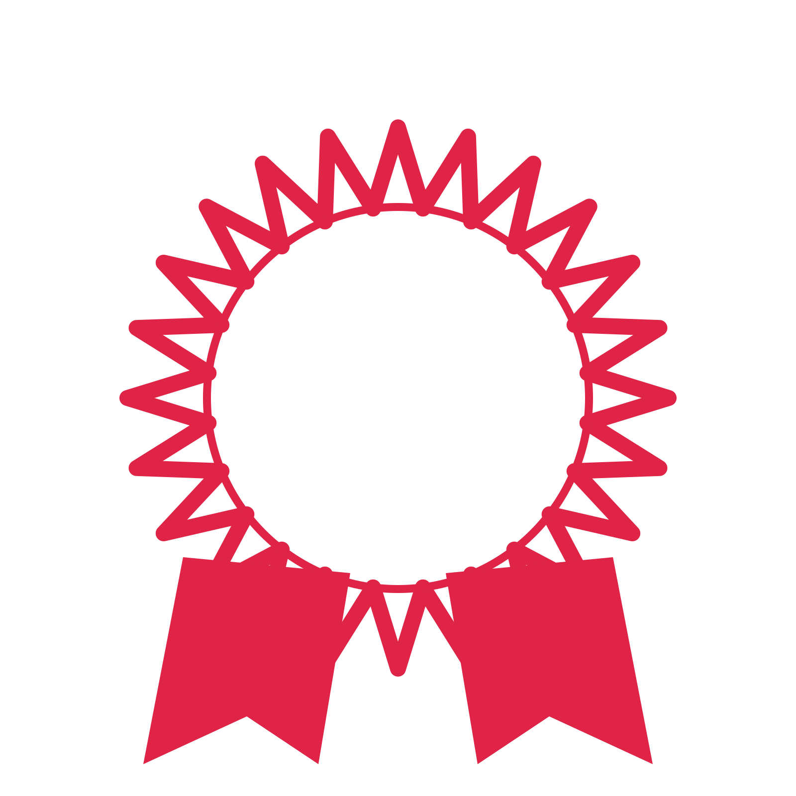 An open 24-point badge with deep scallops, with a split ribbon.