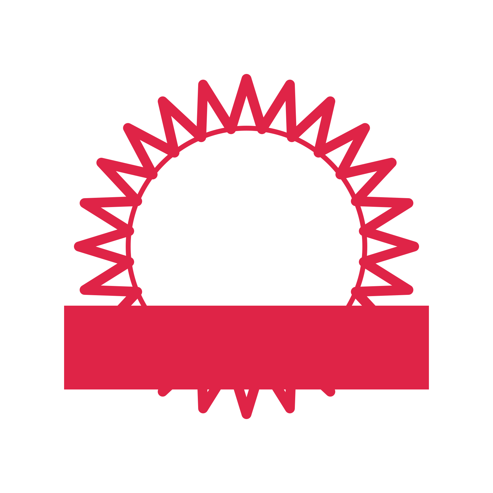 An open 24-point badge with deep scallops, with a straight ribbon.