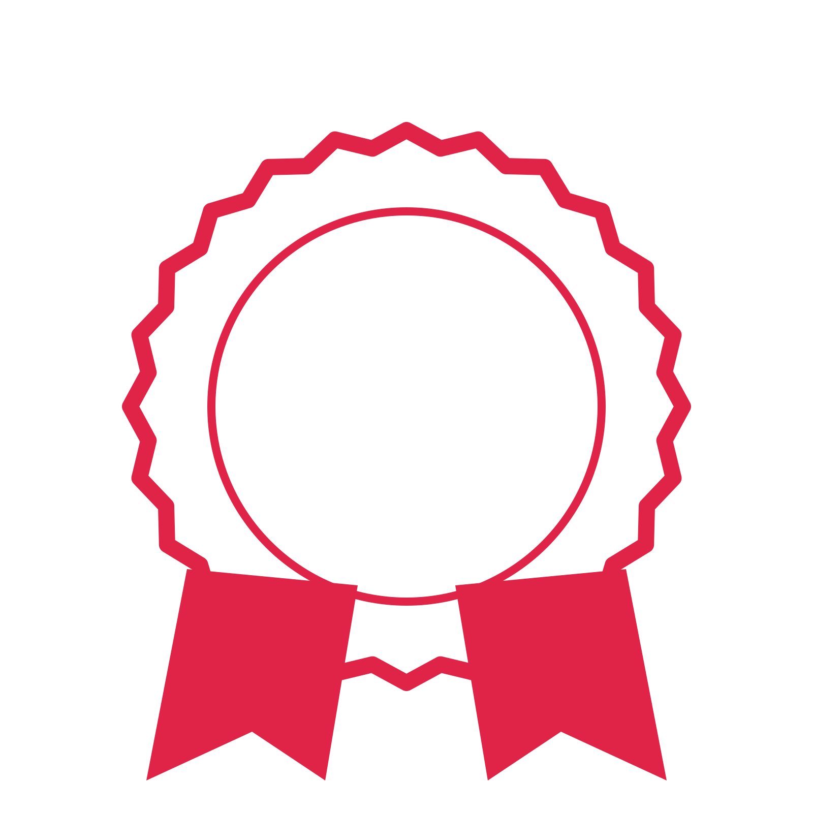 An open 24-point badge with shallow scallops, with a split ribbon.
