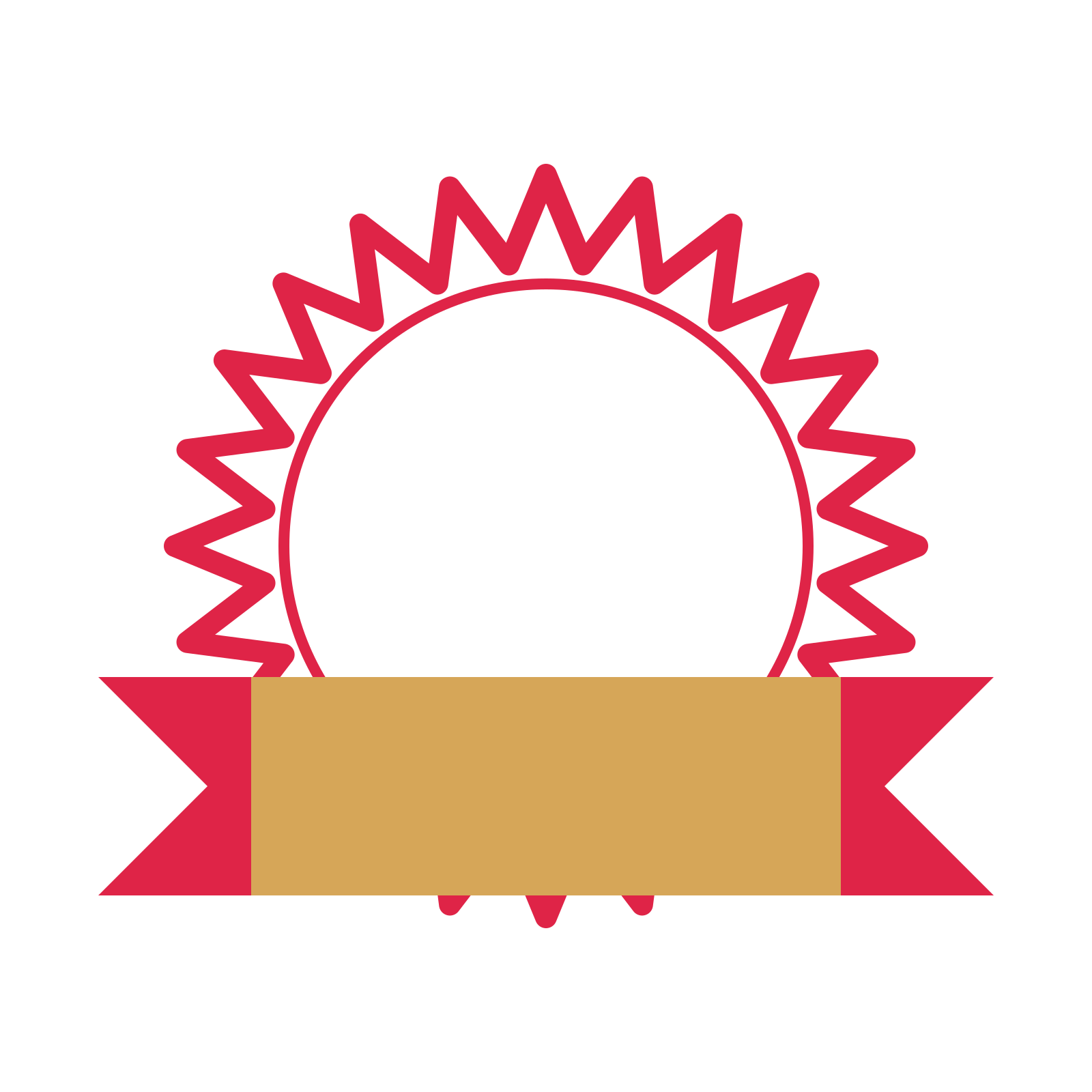An open 24-point badge with pronounced scallops, with a folded ribbon.