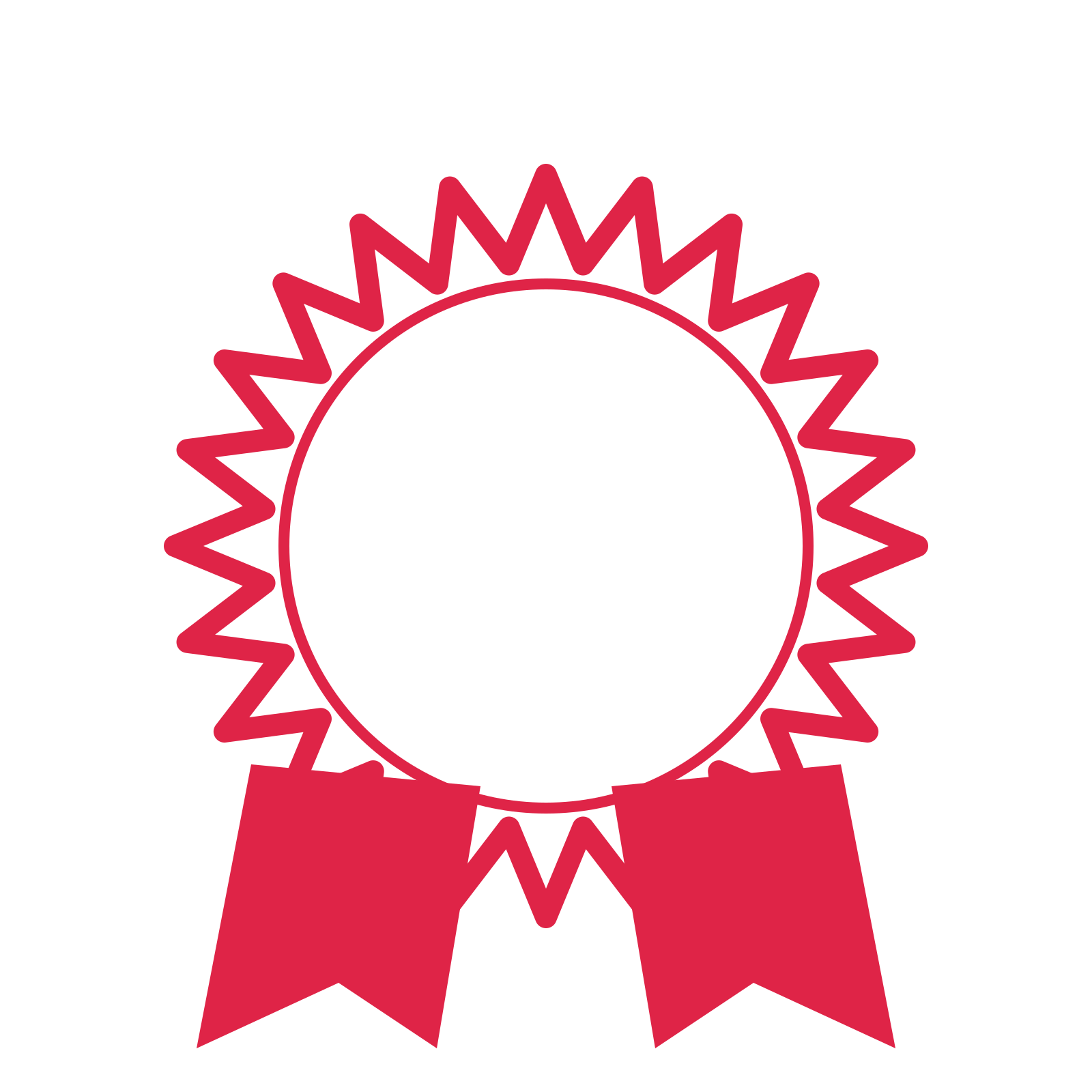 An open 24-point badge with pronounced scallops, with a split ribbon.