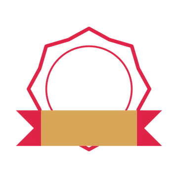 An open 8-point badge with soft scallops, with a folded ribbon.