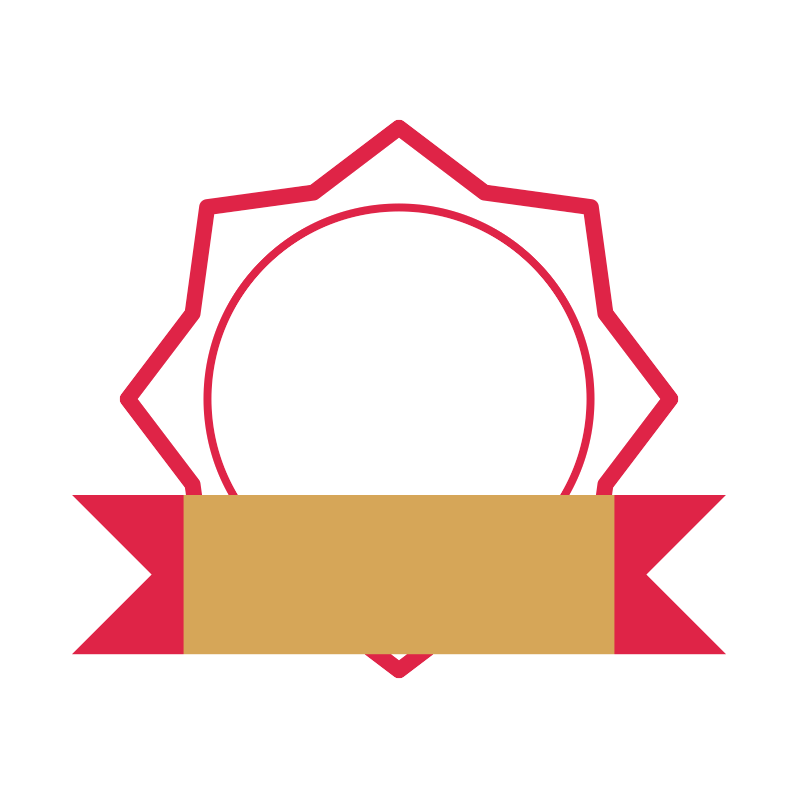 An open 8-point badge with classic scallops, with a folded ribbon.