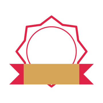 An open 8-point badge with classic scallops, with a folded ribbon.