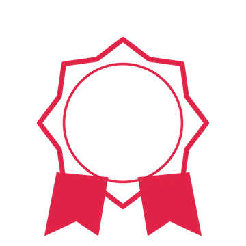 An open 8-point badge with classic scallops, with a split ribbon.