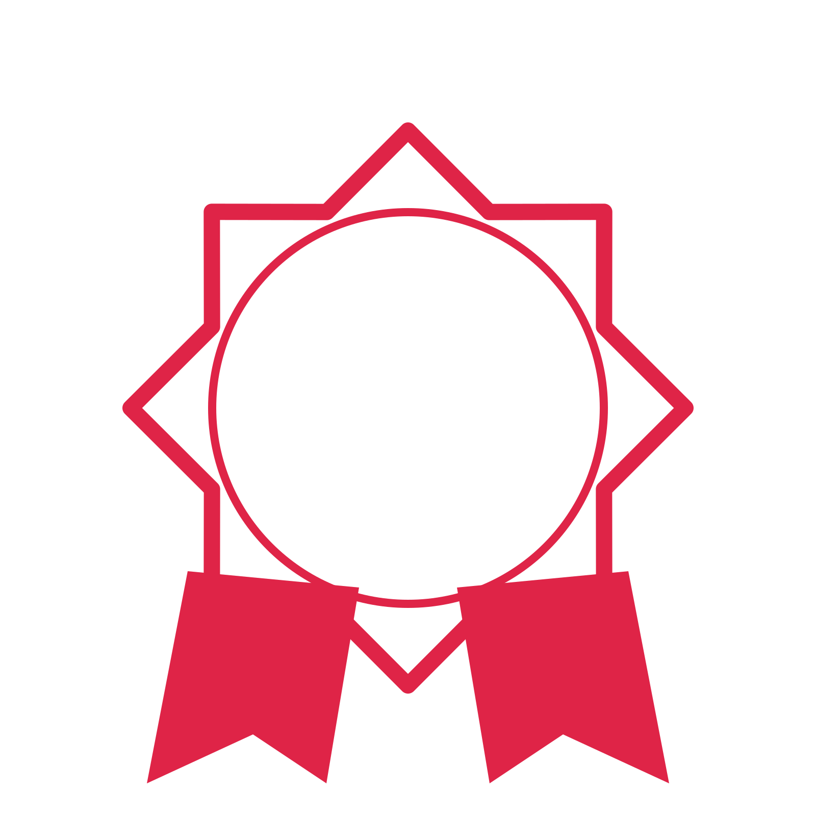 An open 8-point badge with pronounced scallops, with a split ribbon.