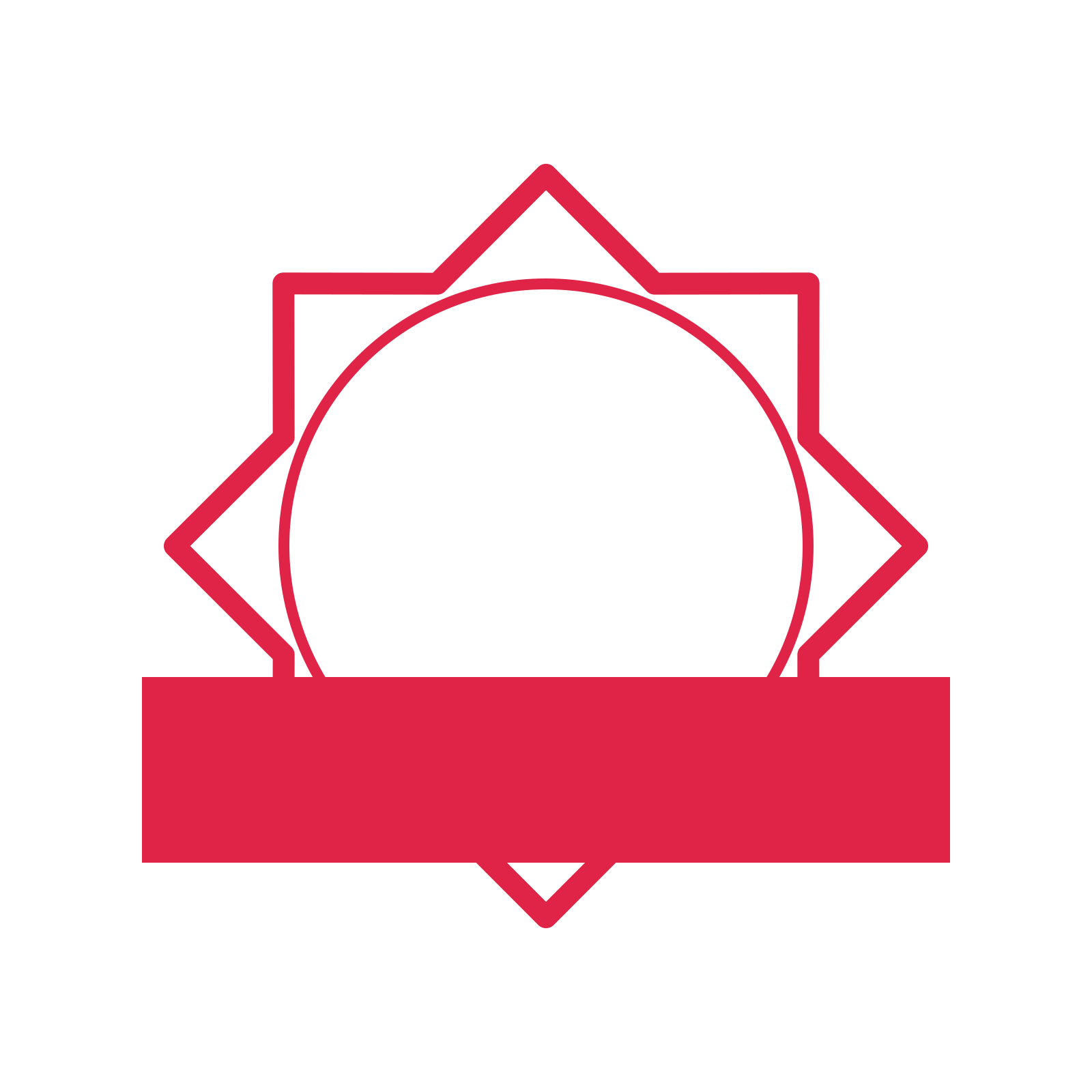 An open 8-point badge with pronounced scallops, with a straight ribbon.
