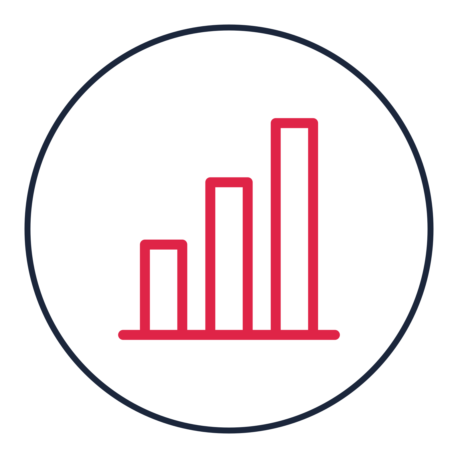 Three-column bar chart drawn as a medallion icon with clean rounded lines.