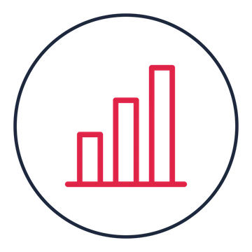 Three-column bar chart drawn as a medallion icon with clean rounded lines.