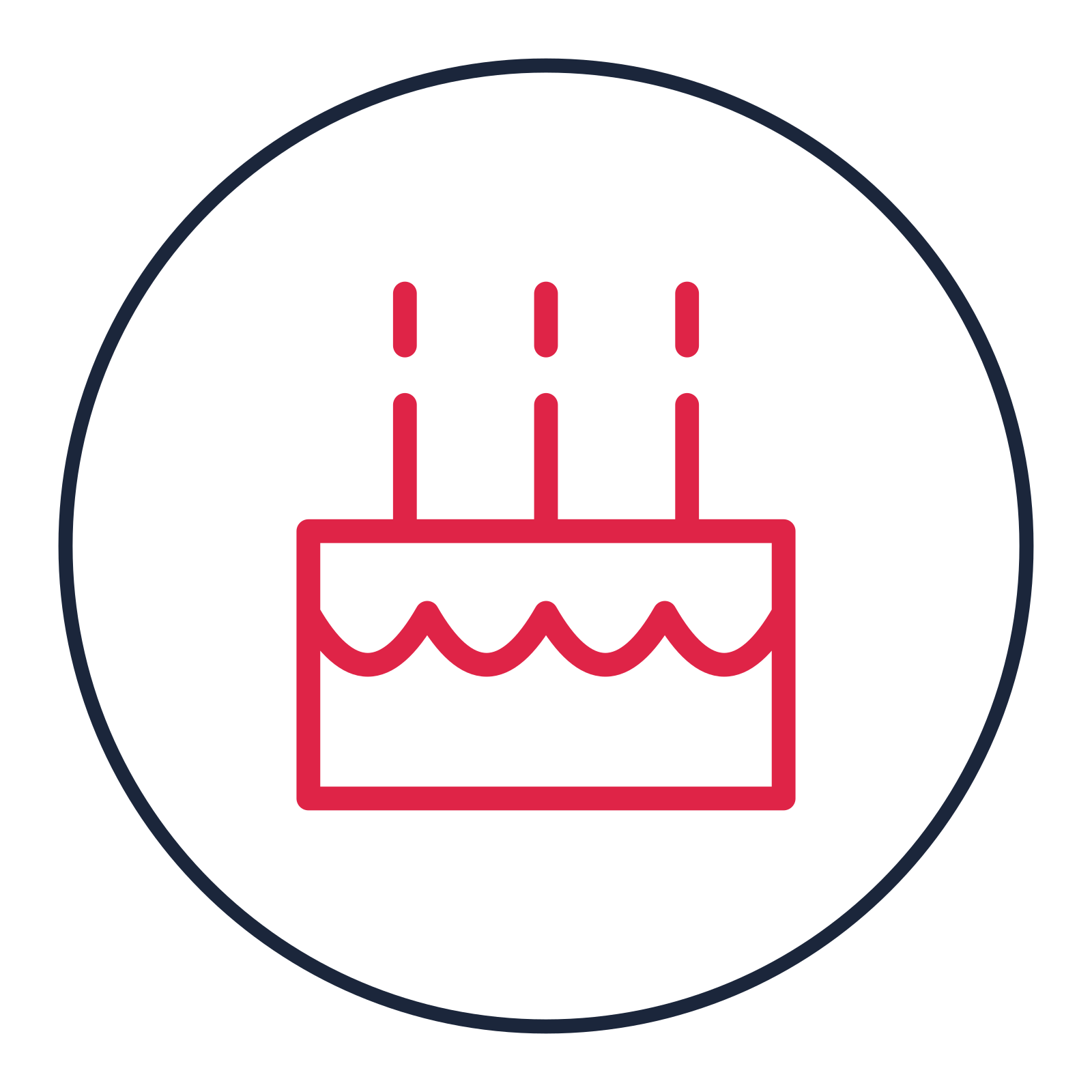 Birthday cake with candles drawn as a medallion icon with clean rounded lines.