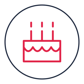 Birthday cake with candles drawn as a medallion icon with clean rounded lines.