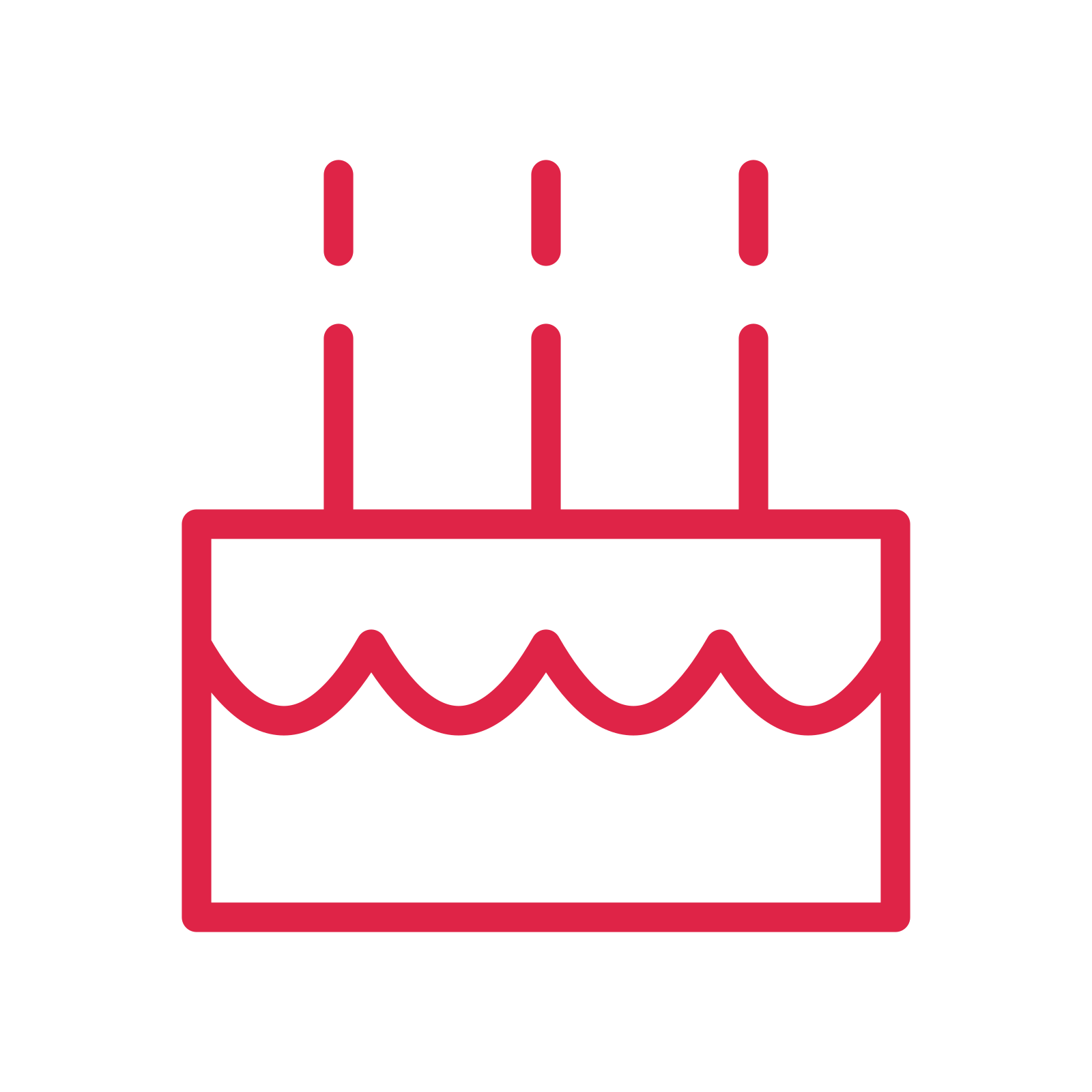 Birthday cake with candles drawn as an outline icon with clean rounded lines.