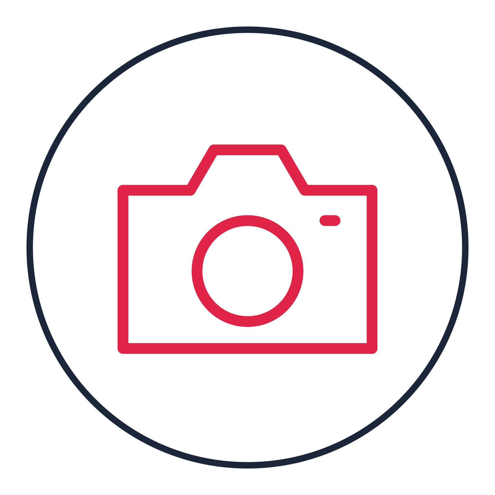 Photography camera drawn as a medallion icon with clean rounded lines.
