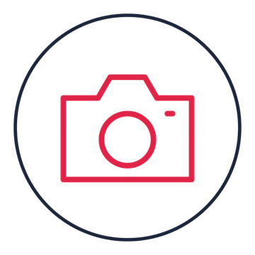 Photography camera drawn as a medallion icon with clean rounded lines.