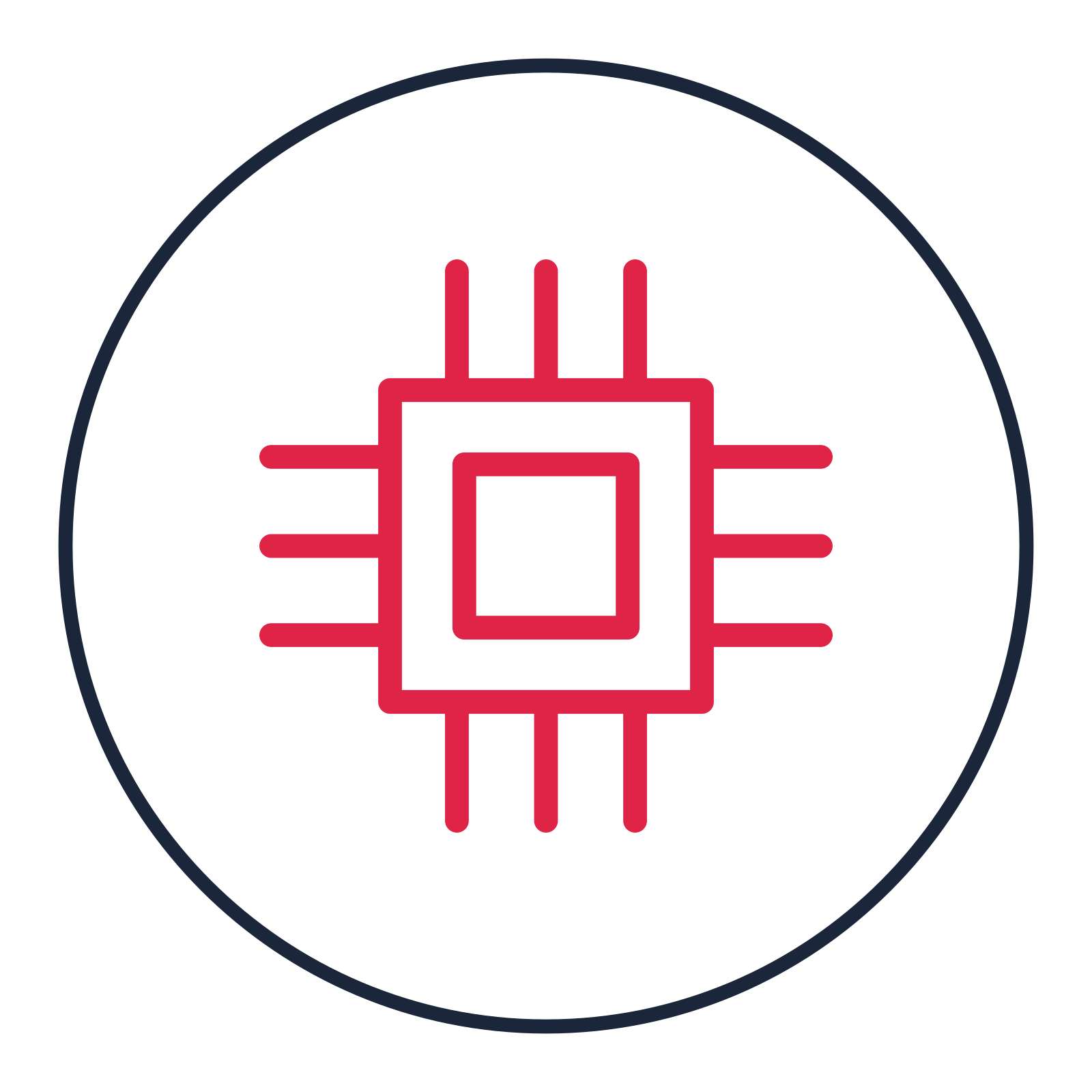 Microprocessor chip drawn as a medallion icon with clean rounded lines.