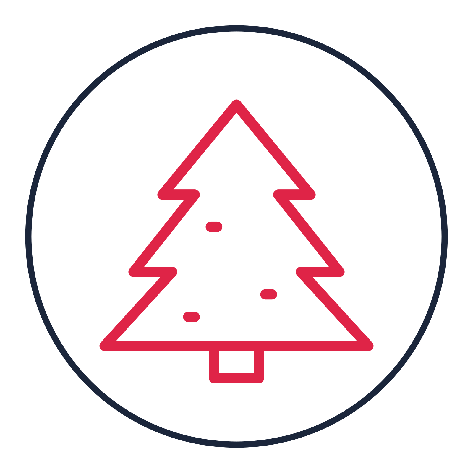 Decorated Christmas tree drawn as a medallion icon with clean rounded lines.
