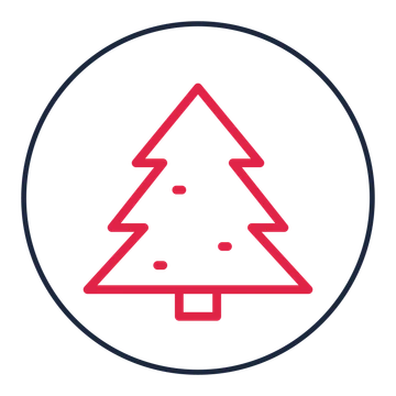 Decorated Christmas tree drawn as a medallion icon with clean rounded lines.