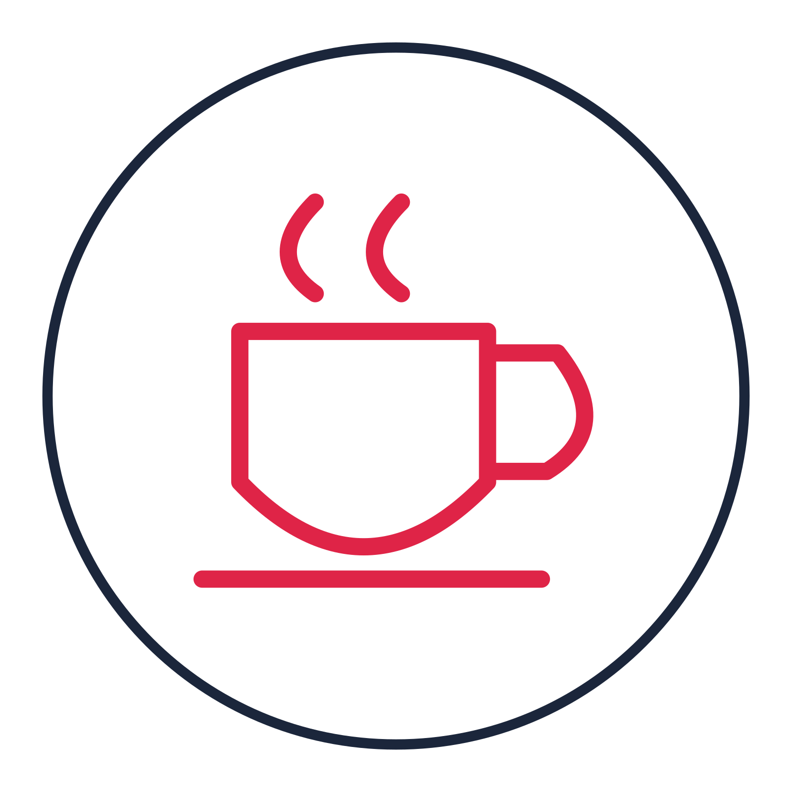 Coffee cup and saucer drawn as a medallion icon with clean rounded lines.