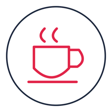 Coffee cup and saucer drawn as a medallion icon with clean rounded lines.