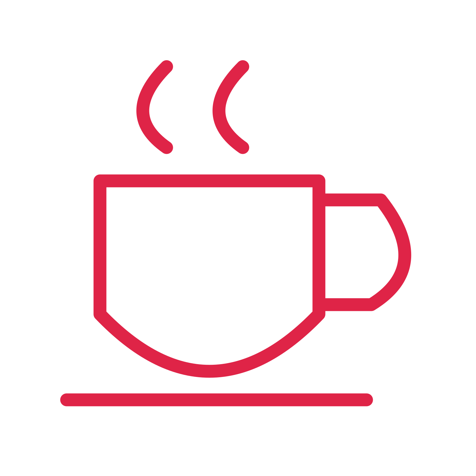 Coffee cup and saucer drawn as an outline icon with clean rounded lines.
